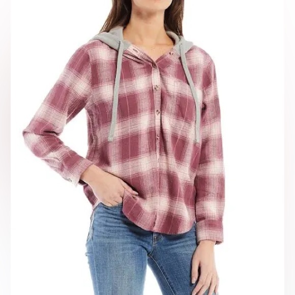 Lucky BrandšFlannel Plaid Button Front Pink Plaid Cropped Hoodie, Size Small - Picture 2 of 14